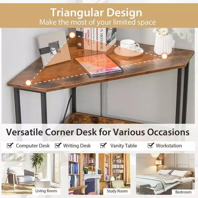 Bureau d'angle triangulaire pour ordinateur Bureau à domicile avec prises de courant Ports USB Noir/Rustique