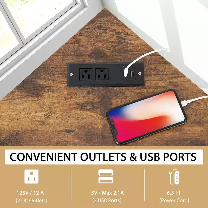 Bureau d'angle triangulaire pour ordinateur Bureau à domicile avec prises de courant Ports USB Noir/Rustique