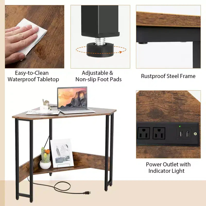 Bureau d'angle triangulaire pour ordinateur Bureau à domicile avec prises de courant Ports USB Noir/Rustique