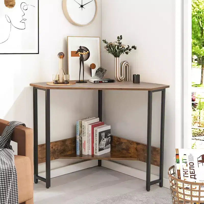 Bureau d'angle triangulaire pour ordinateur Bureau à domicile avec prises de courant Ports USB Noir/Rustique