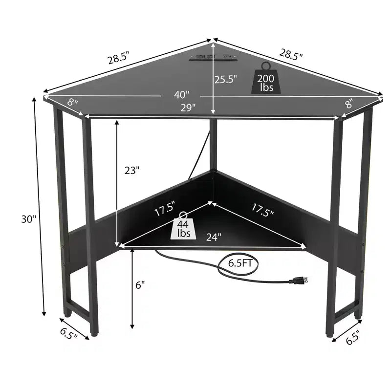 Bureau d'angle triangulaire pour ordinateur Bureau à domicile avec prises de courant Ports USB Noir/Rustique