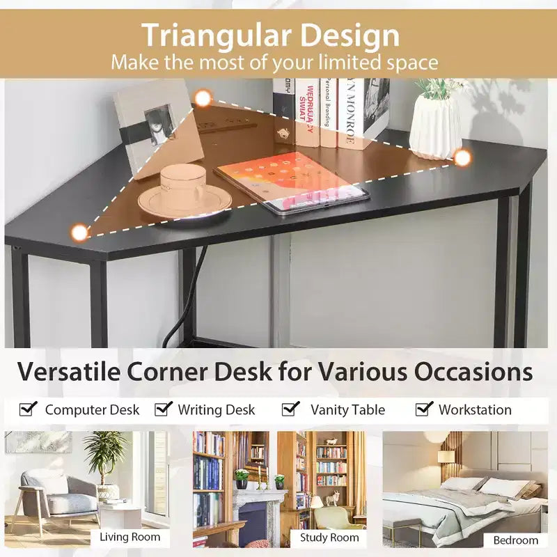 Bureau d'angle triangulaire pour ordinateur Bureau à domicile avec prises de courant Ports USB Noir/Rustique