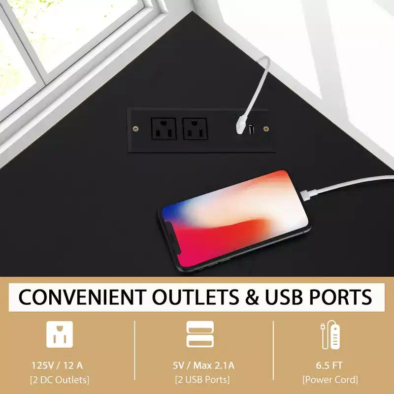 Bureau d'angle triangulaire pour ordinateur Bureau à domicile avec prises de courant Ports USB Noir/Rustique