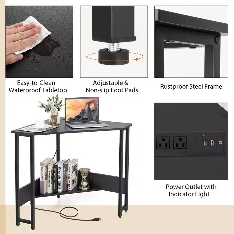 Bureau d'angle triangulaire pour ordinateur Bureau à domicile avec prises de courant Ports USB Noir/Rustique