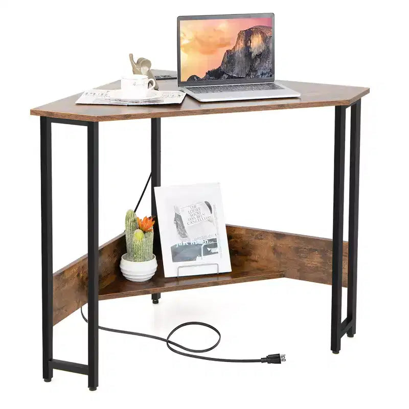 Triangle Computer Desk Corner Desk Home Office with Power Outlets USB Ports Black/Rustic