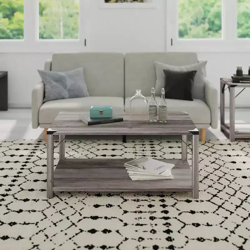 Engineered Wood Modern Farmhouse Coffee Table with Metal Accents