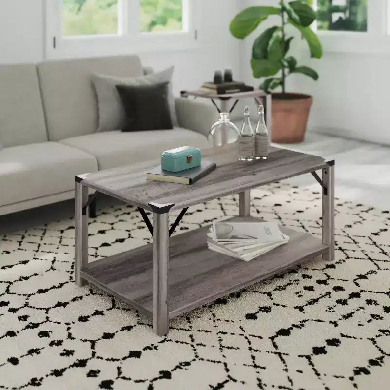 Engineered Wood Modern Farmhouse Coffee Table with Metal Accents