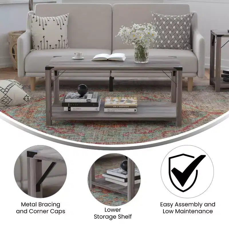 Engineered Wood Modern Farmhouse Coffee Table with Metal Accents