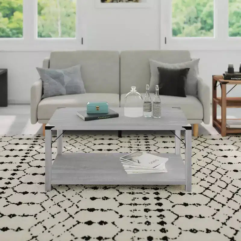 Engineered Wood Modern Farmhouse Coffee Table with Metal Accents