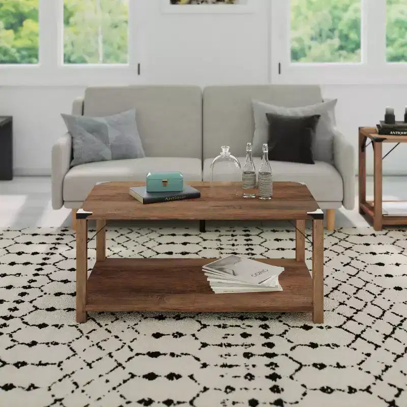 Engineered Wood Modern Farmhouse Coffee Table with Metal Accents