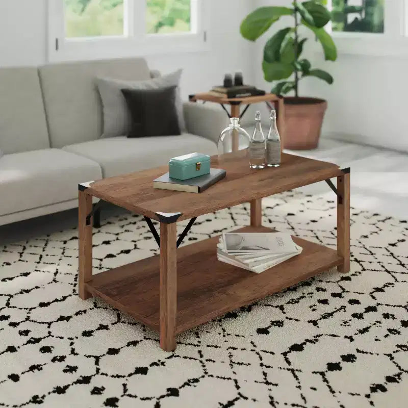 Engineered Wood Modern Farmhouse Coffee Table with Metal Accents