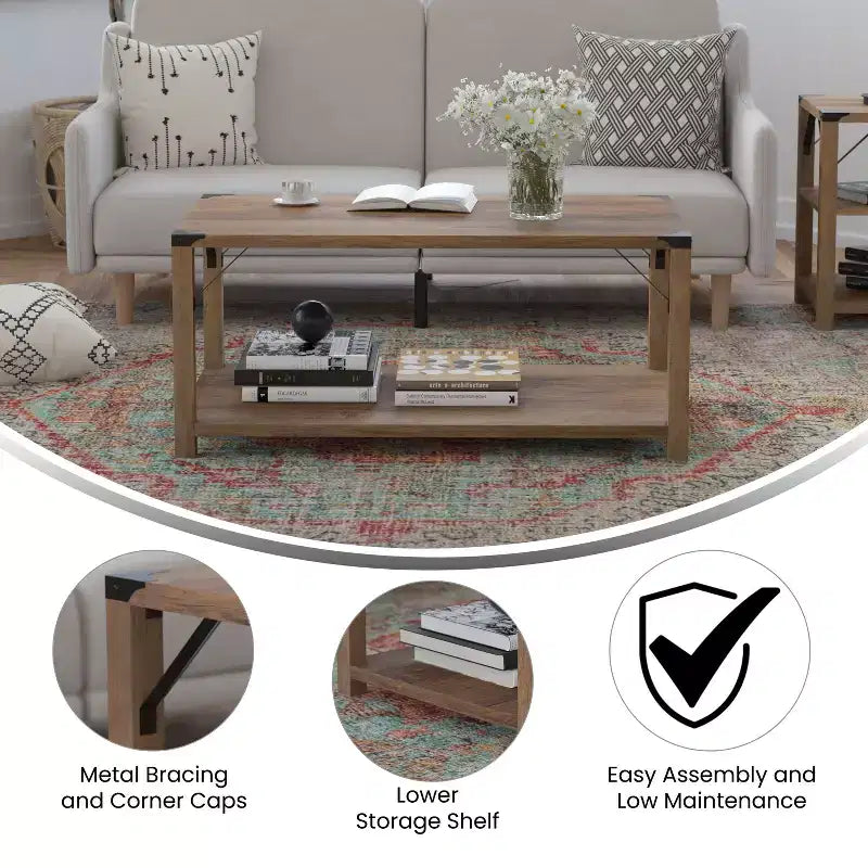 Engineered Wood Modern Farmhouse Coffee Table with Metal Accents