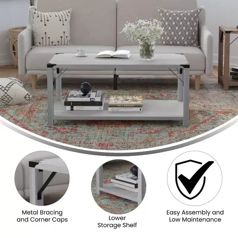 Engineered Wood Modern Farmhouse Coffee Table with Metal Accents