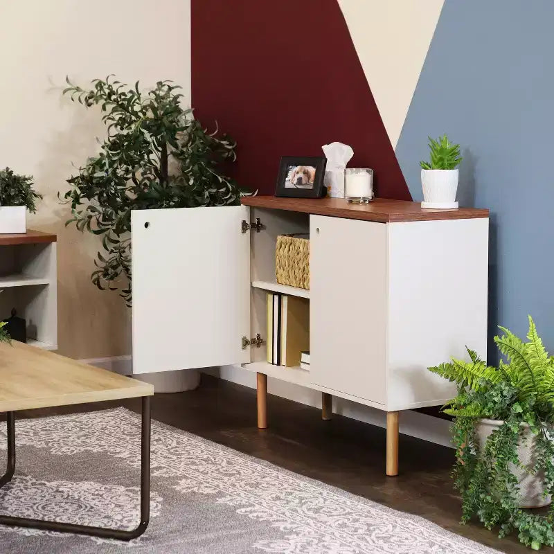 Indoor Mid-Century Modern 2-Door Accent Buffet Cabinet with Shelves