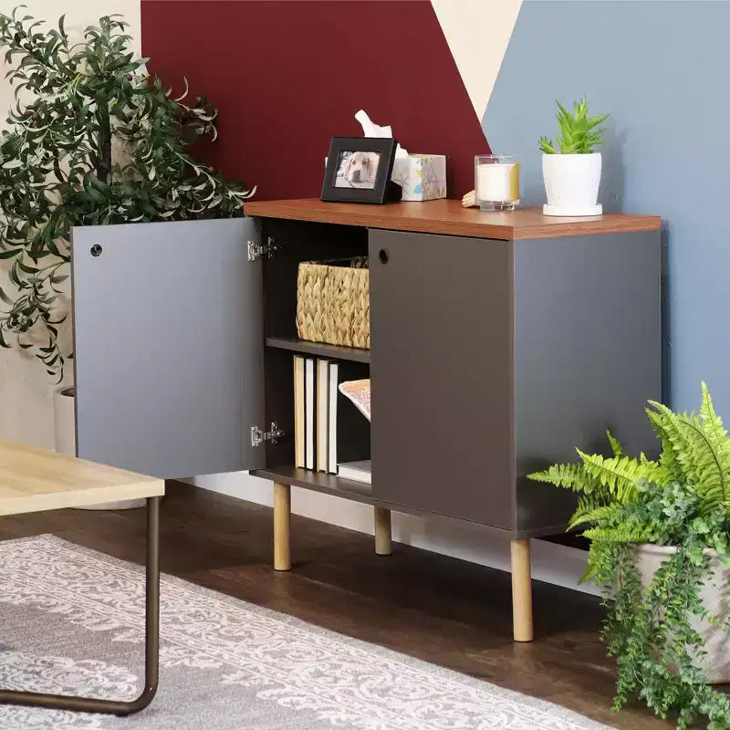 Indoor Mid-Century Modern 2-Door Accent Buffet Cabinet with Shelves