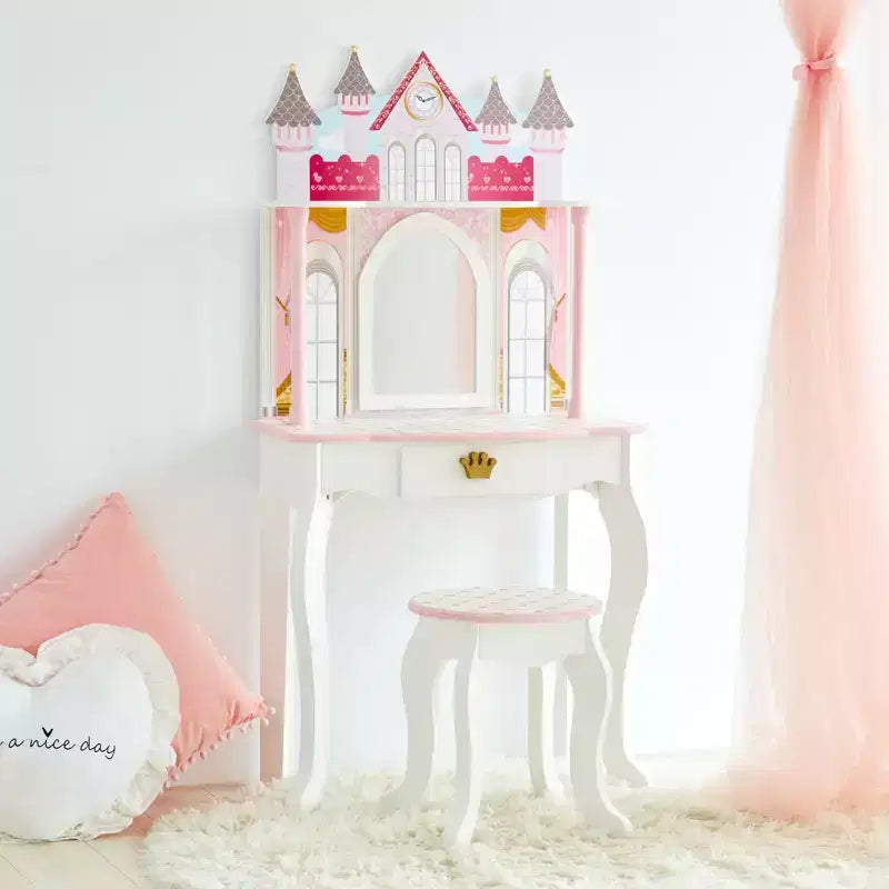 Teamson Kids Dreamland Castle Wooden Vanity Play Set with Stool & Mirror, Pink/White