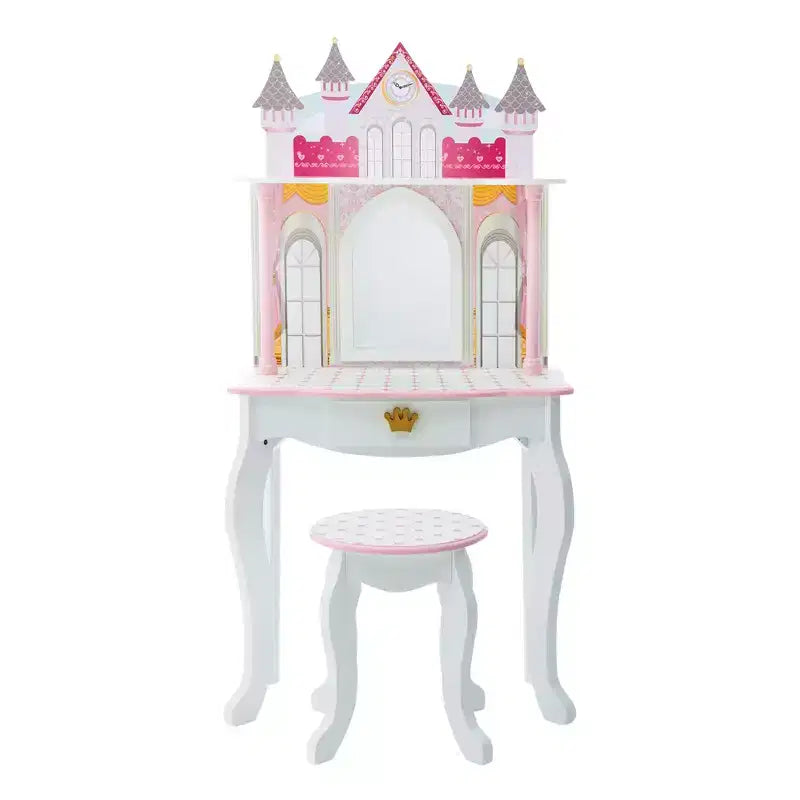 Castle Wooden Vanity with Stool & Mirror, Pink/White