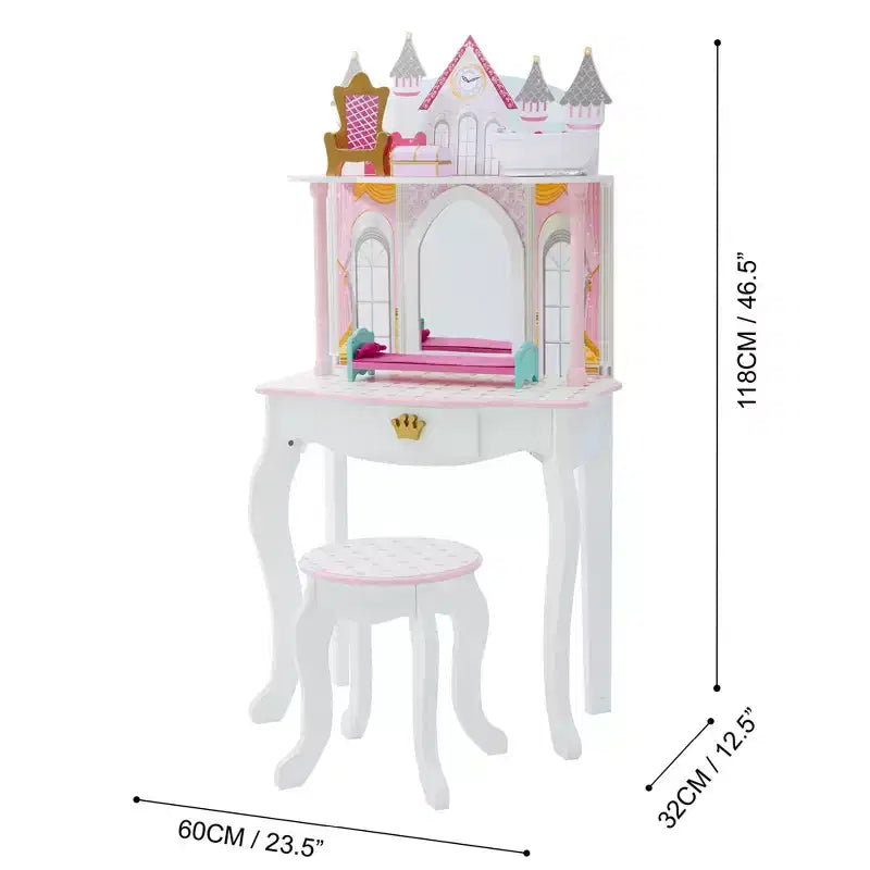Castle Wooden Vanity with Stool & Mirror, Pink/White