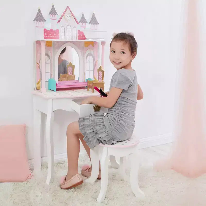 Castle Wooden Vanity with Stool & Mirror, Pink/White
