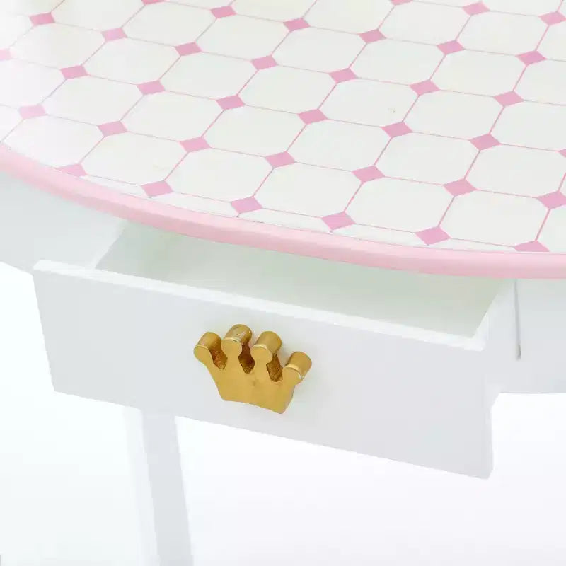 Castle Wooden Vanity with Stool & Mirror, Pink/White