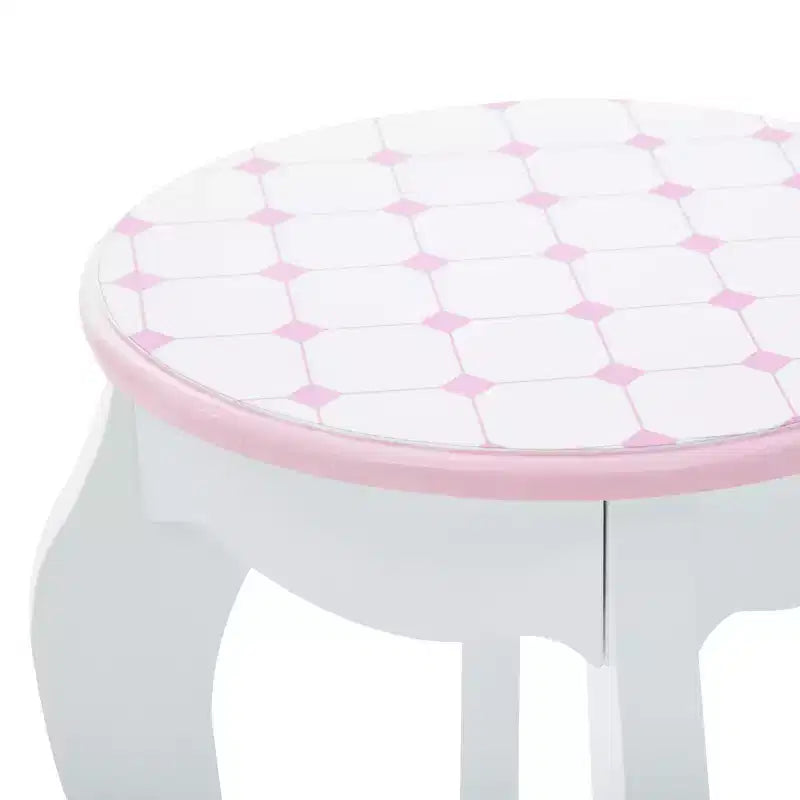 Castle Wooden Vanity with Stool & Mirror, Pink/White